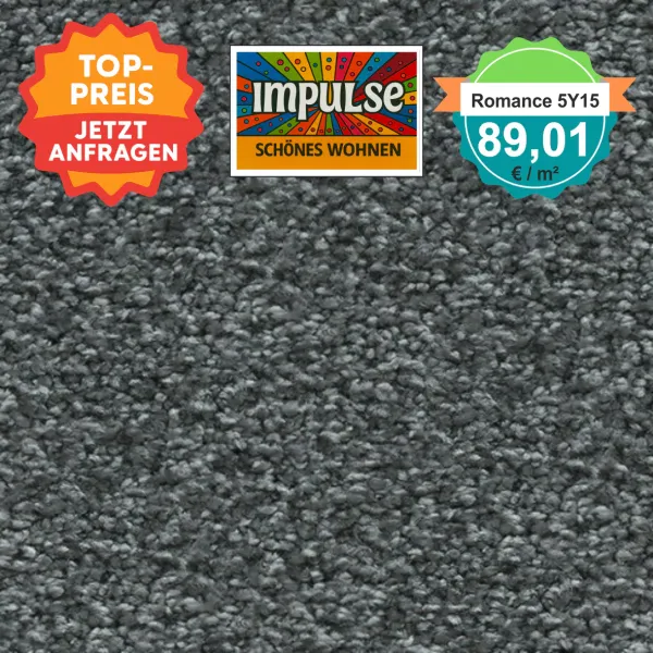 Teppichmuster mit Label „Impulse WOLFSBURG“ und Badge „Romance 5Y15 – 89,91 €/m²“